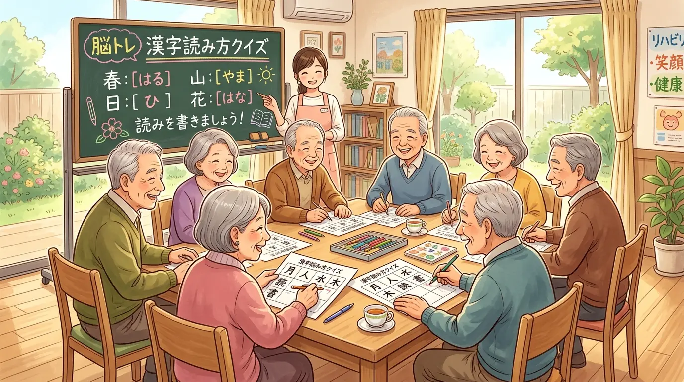 高齢者が介護施設や自宅で面白い漢字の読み方クイズや脳トレ問題に挑戦している様子