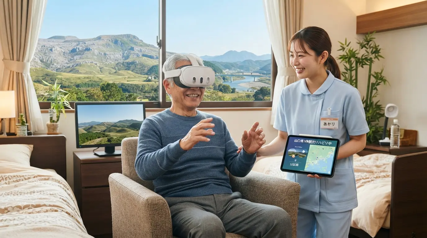 山口県の介護施設で高齢者と職員がVR技術を活用して体験研修やリハビリを行っている様子