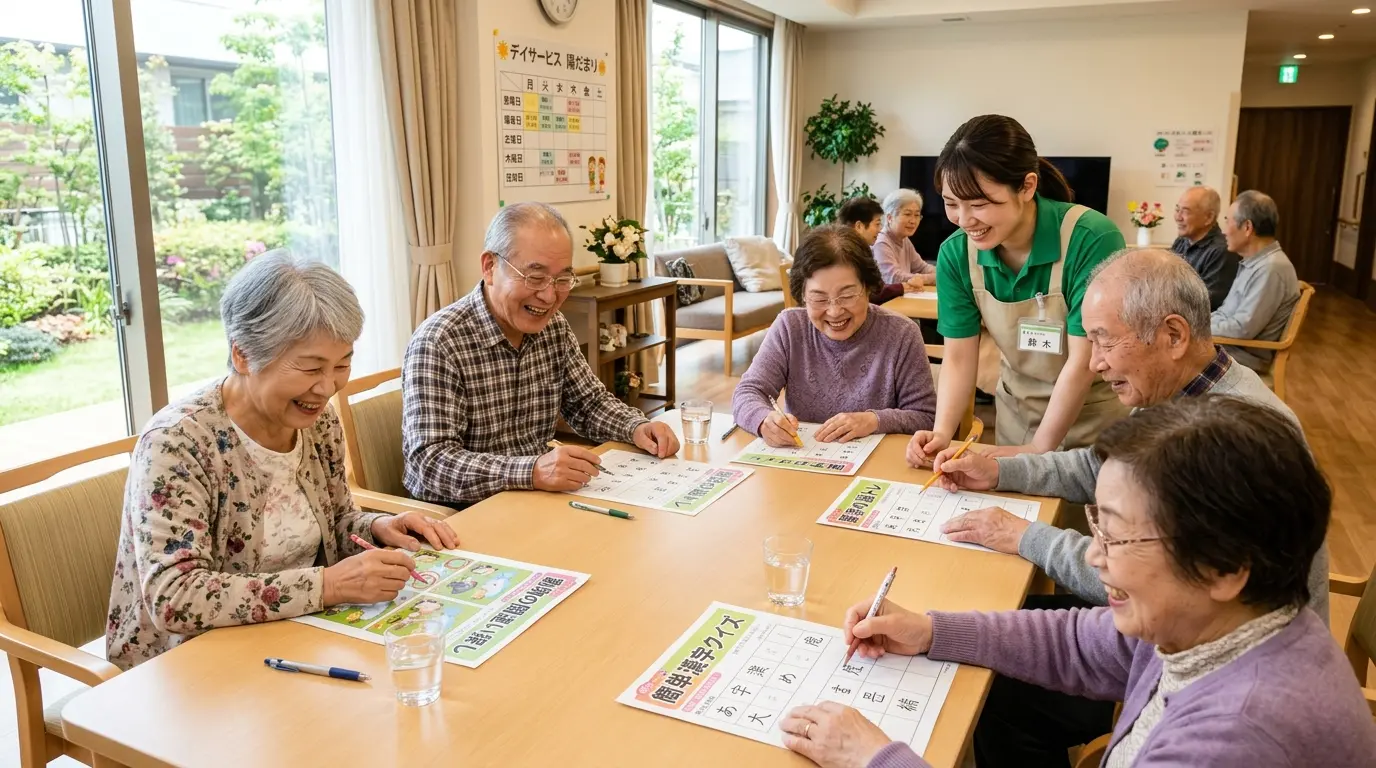デイサービスで高齢者が無料ダウンロードの簡単な脳トレプリントに取り組んでいる様子