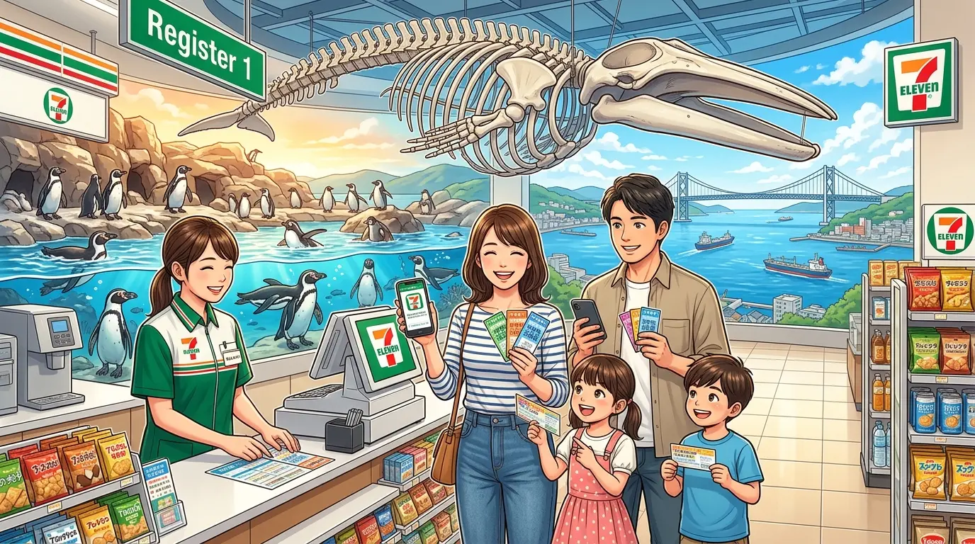 海響館の割引前売り券をセブンイレブンで購入し家族でお得に水族館を満喫する様子