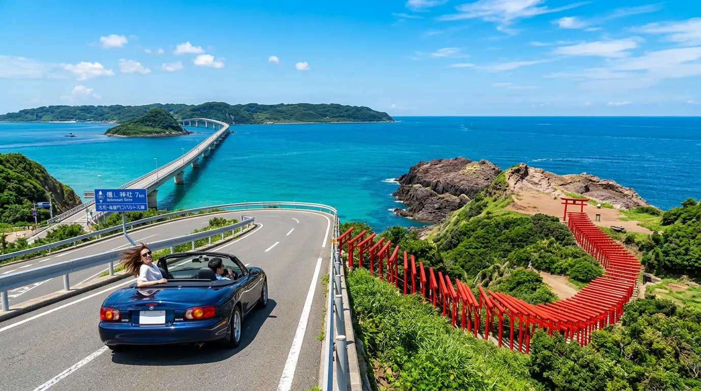角島大橋から元乃隅神社へ車で向かうドライブコースとコバルトブルーの日本海